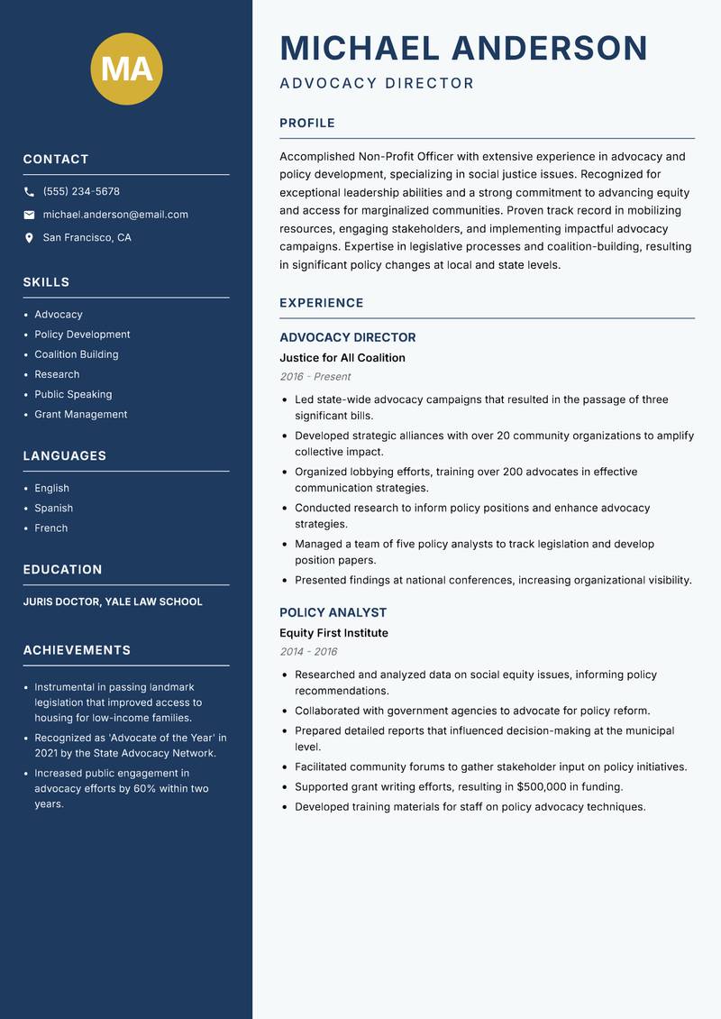 Non-Profit Officer Resume Preview Example