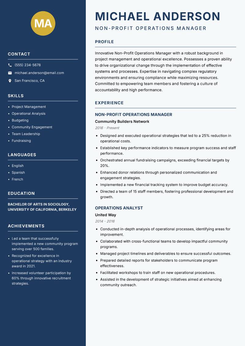 Non-Profit Operations Manager Resume Preview Example