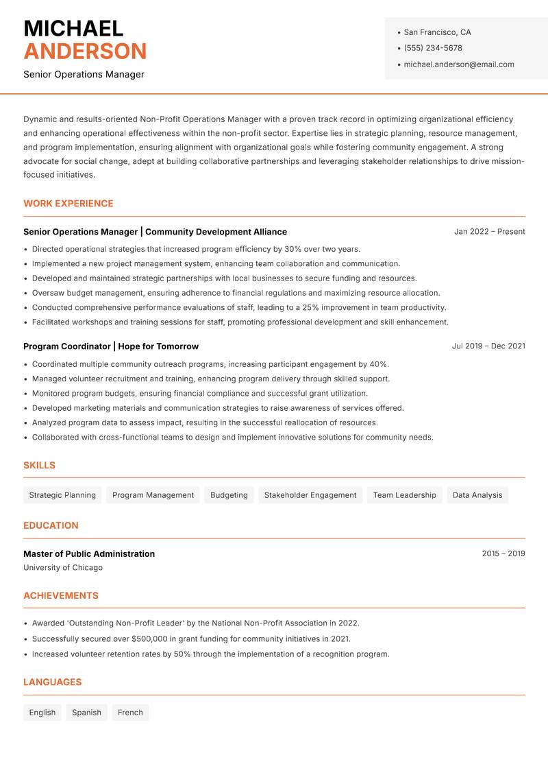Non-Profit Operations Manager Resume Template