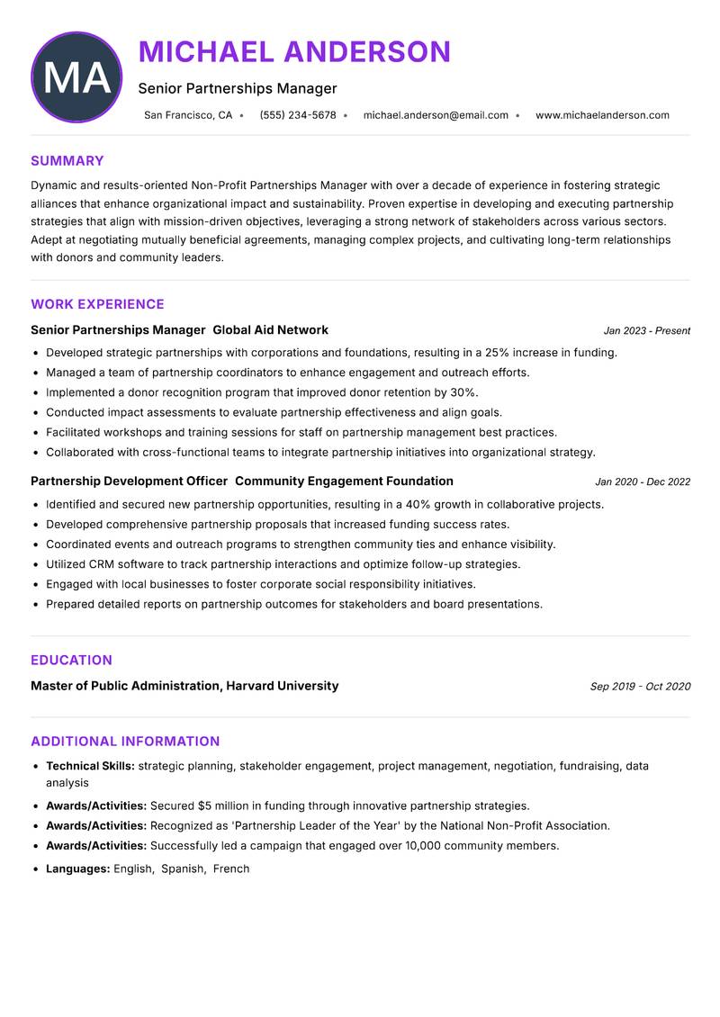 Non-Profit Partnerships Manager Resume Preview Example