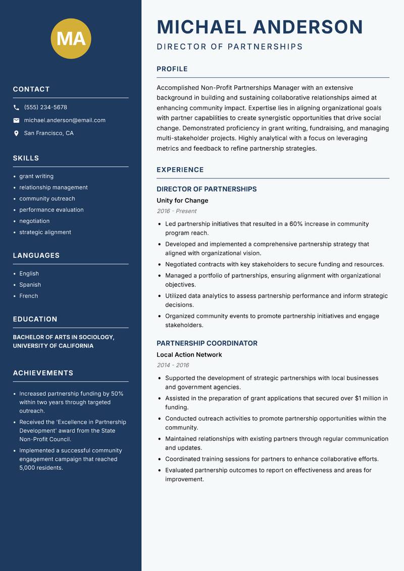 Non-Profit Partnerships Manager Resume Preview Example