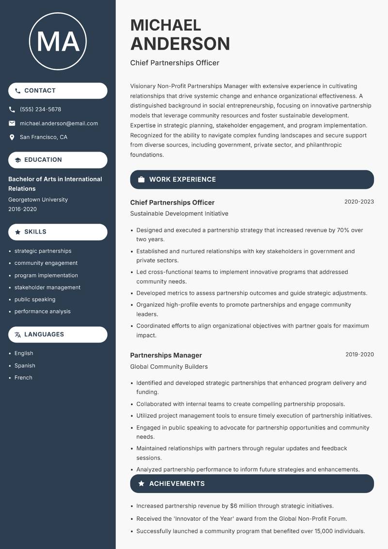 Non-Profit Partnerships Manager Resume Preview Example