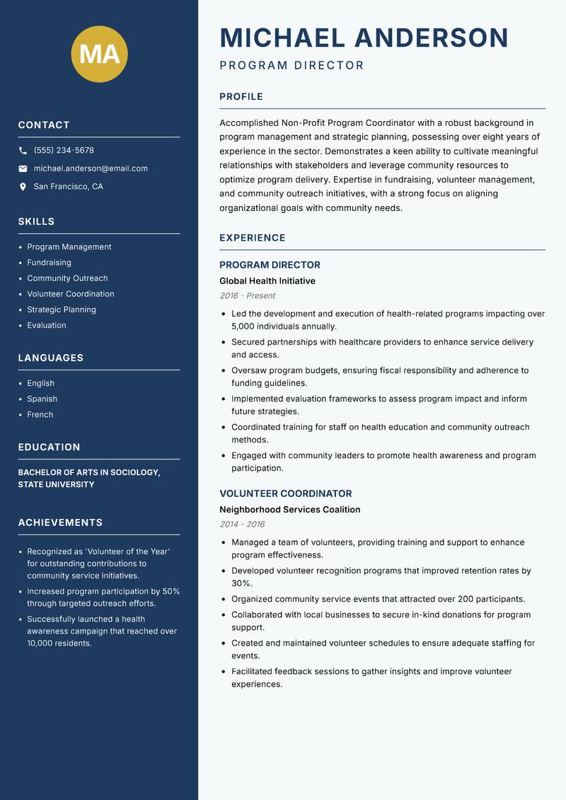 Non-Profit Program Coordinator Resume Preview Example