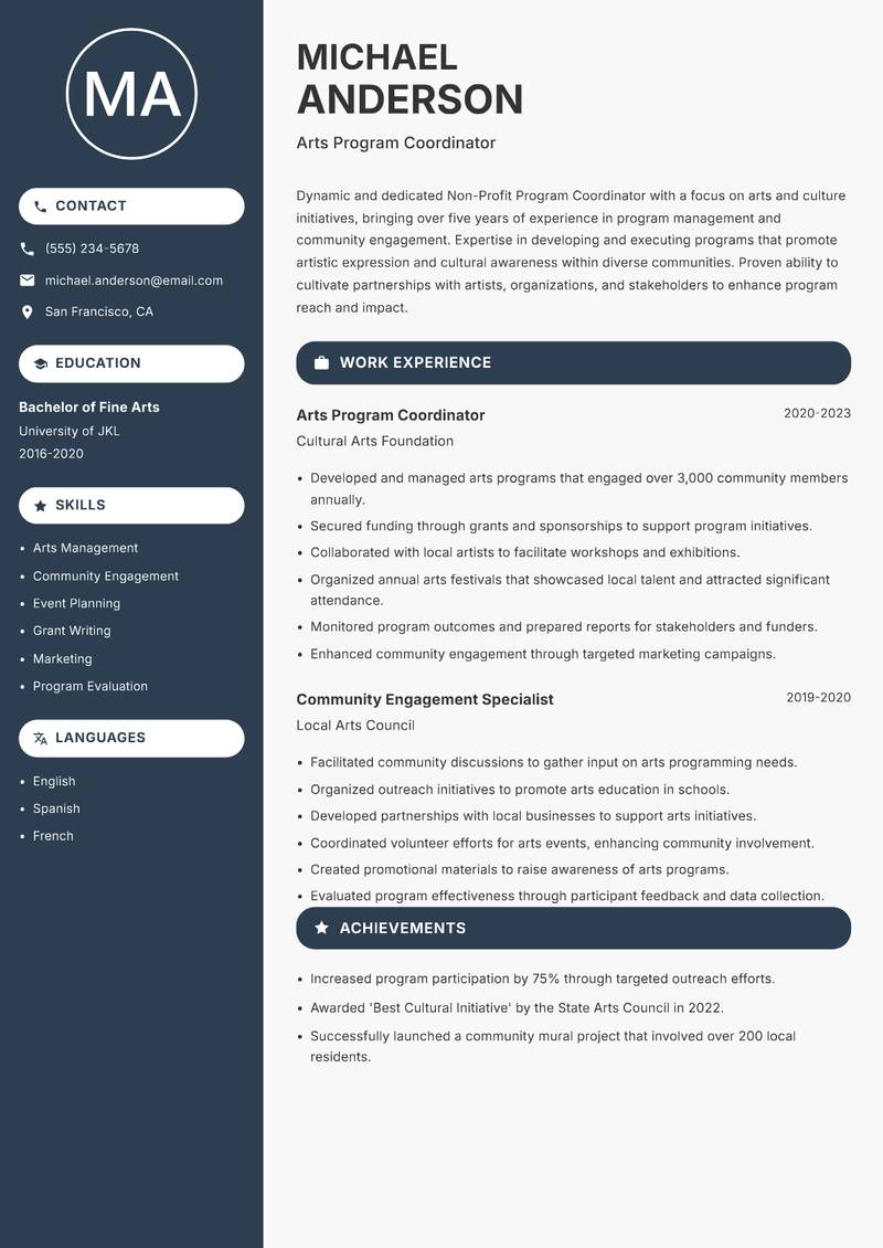 Non-Profit Program Coordinator Resume Preview Example