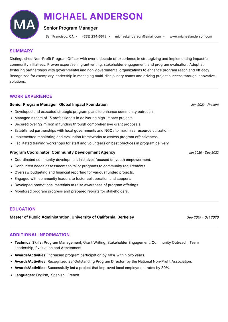 Non-Profit Program Officer Resume Preview Example