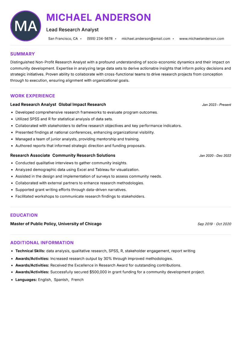 Non-Profit Research Analyst Resume Preview Example