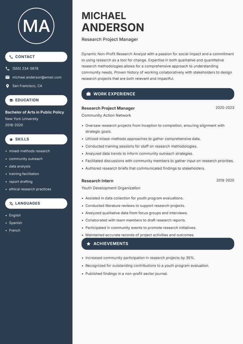 Non-Profit Research Analyst Resume Preview Example