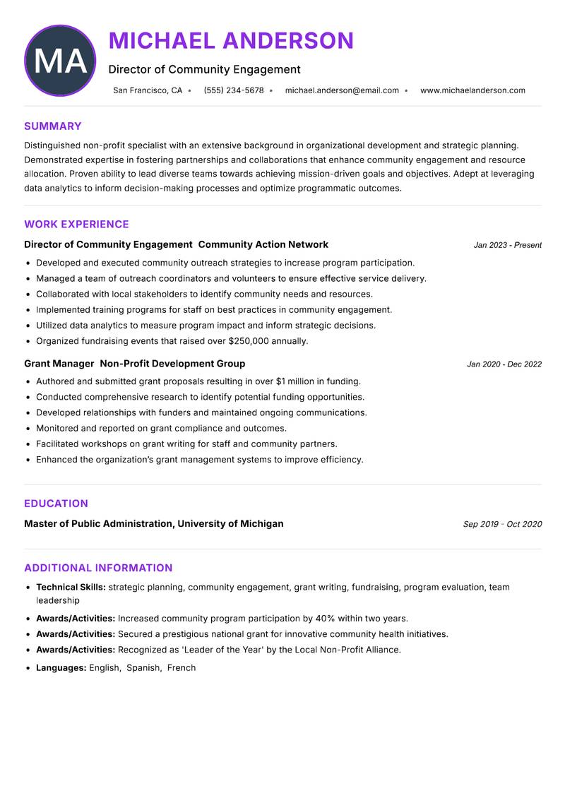 Non-Profit Specialist Resume Preview Example