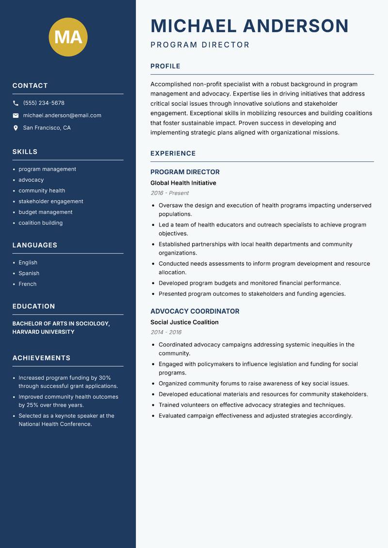 Non-Profit Specialist Resume Preview Example