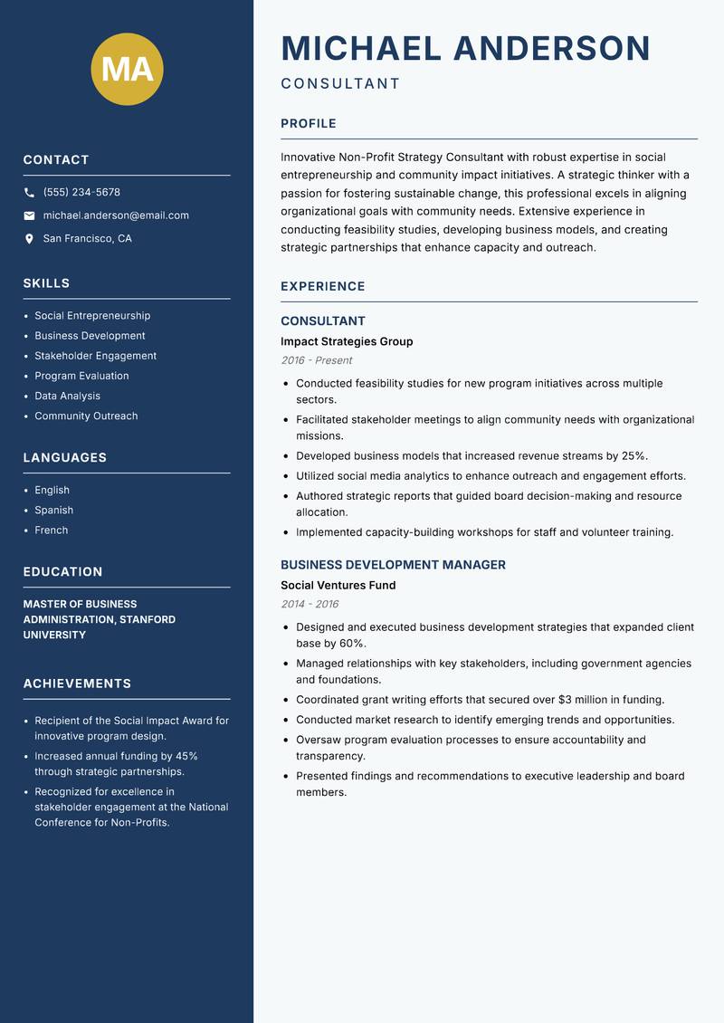 Non-Profit Strategy Consultant Resume Preview Example
