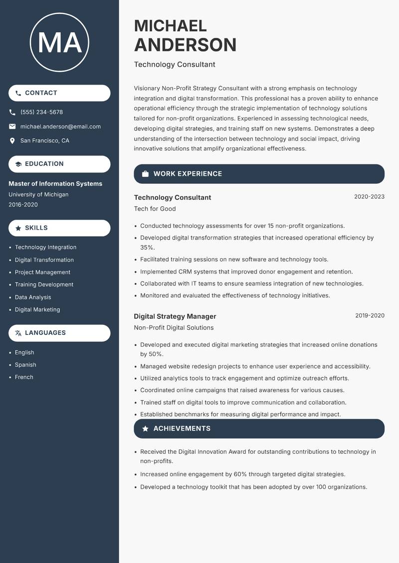 Non-Profit Strategy Consultant Resume Preview Example