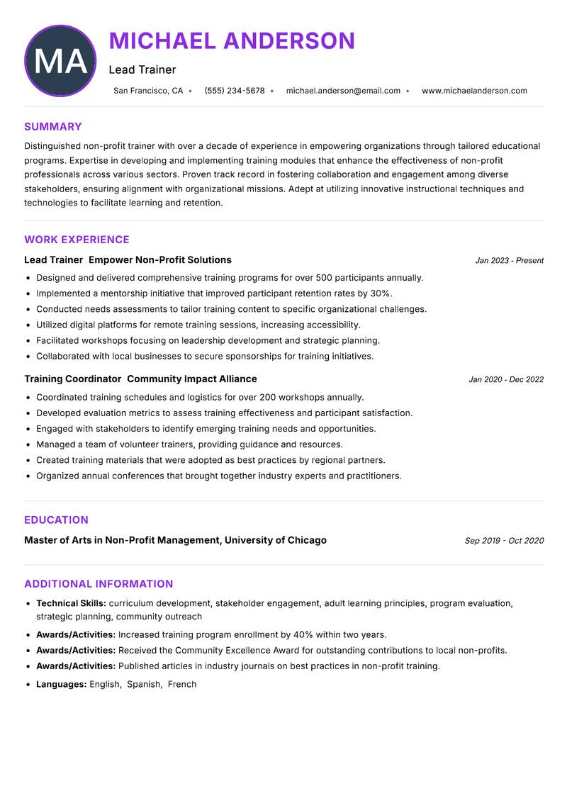 Non-Profit Trainer Resume Preview Example