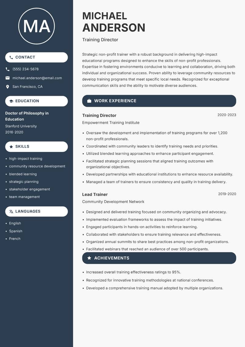 Non-Profit Trainer Resume Preview Example
