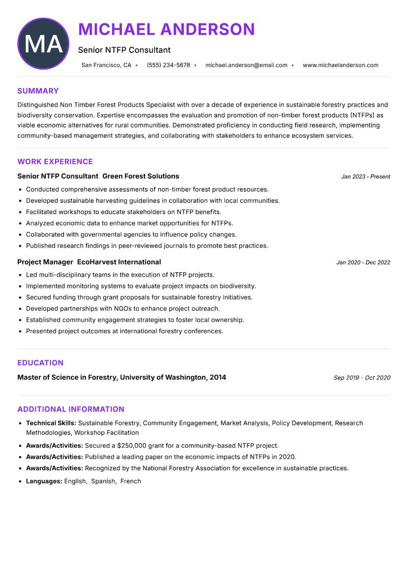 Non Timber Forest Products Specialist Resume Preview Example