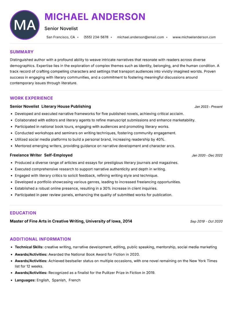 Novelist Resume Preview Example
