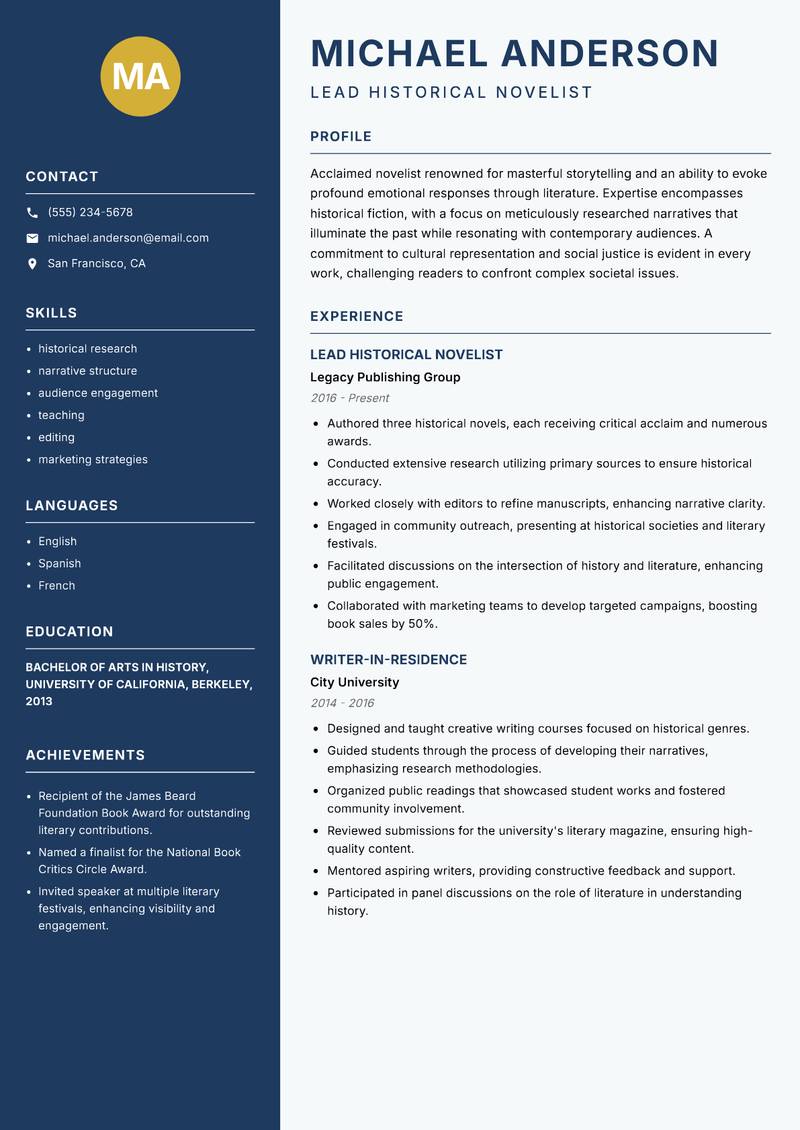 Novelist Resume Preview Example