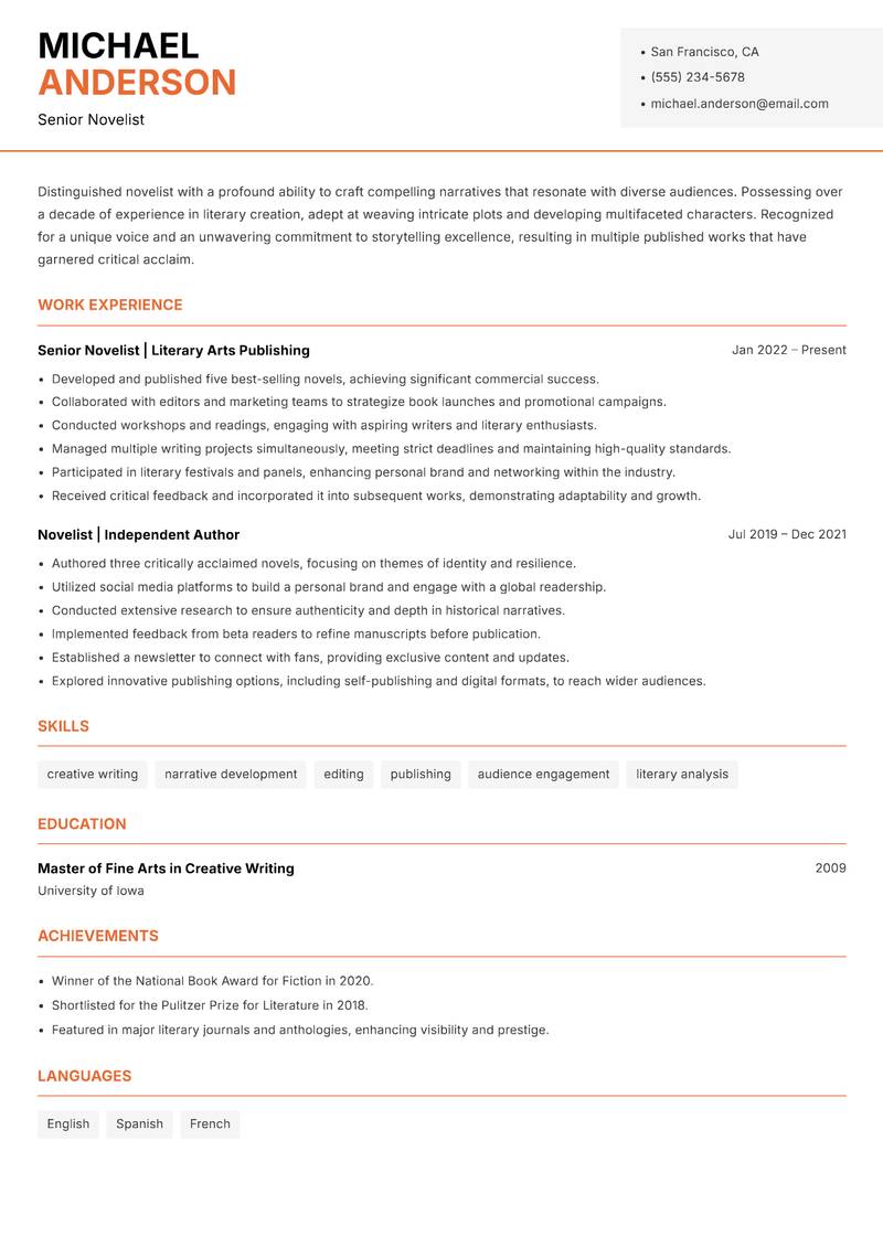 Novelist Resume Template