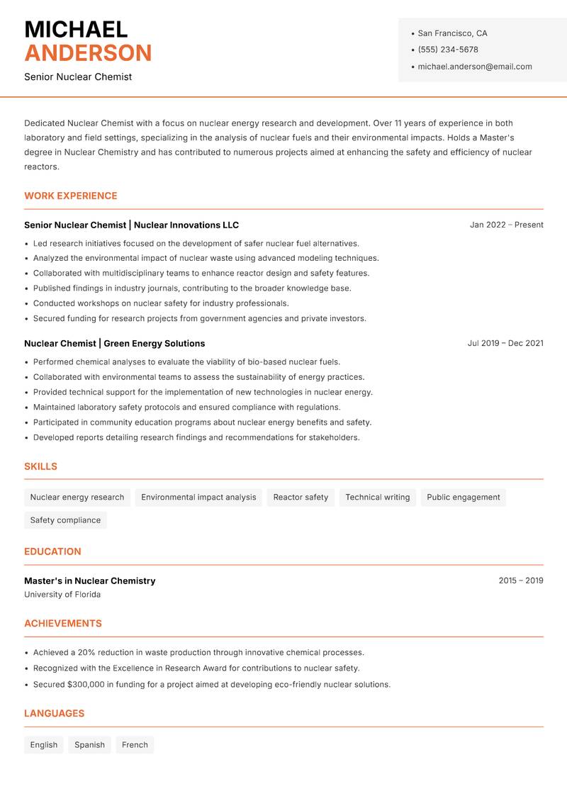 Nuclear Chemist Resume Template