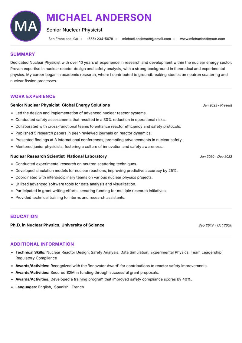 Nuclear Physicist Resume Preview Example