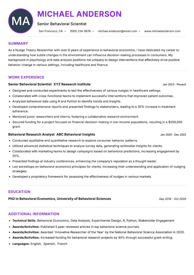 Nudge Theory Researcher Resume Preview Example