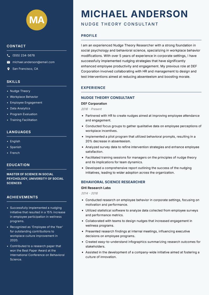 Nudge Theory Researcher Resume Preview Example
