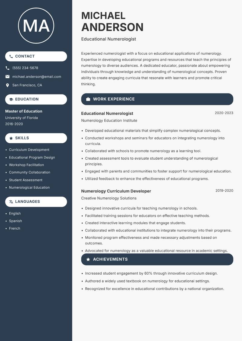Numerologist Resume Preview Example