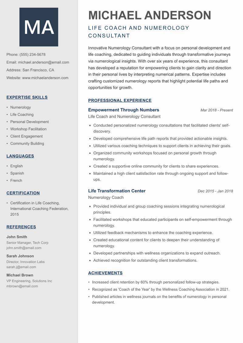 Numerology Consultant Resume Preview Example