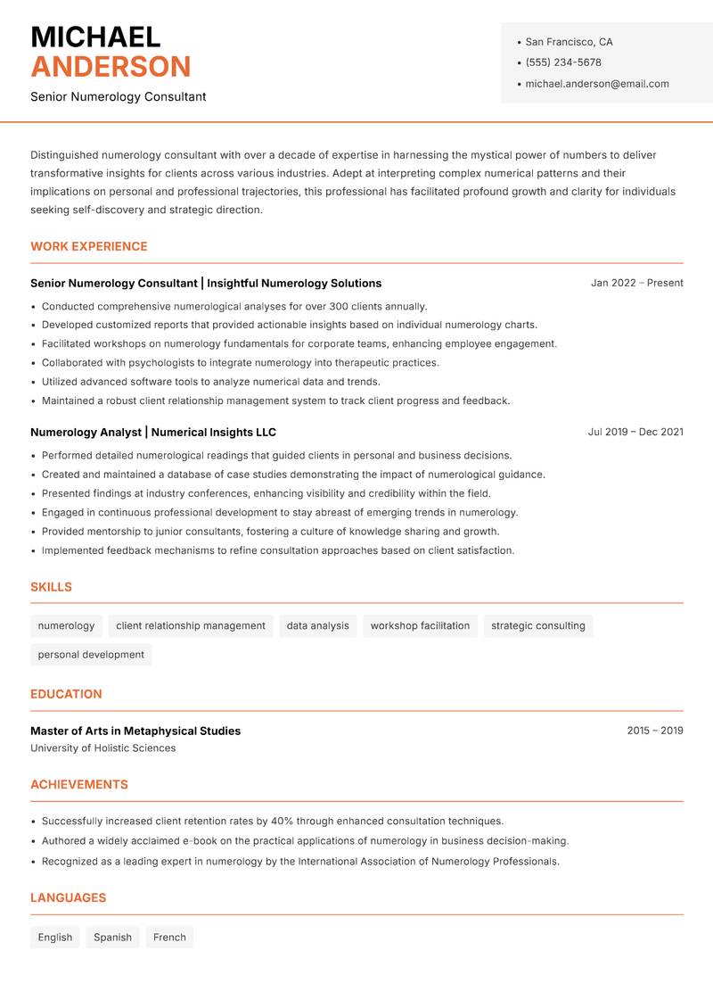 Numerology Consultant Resume Template