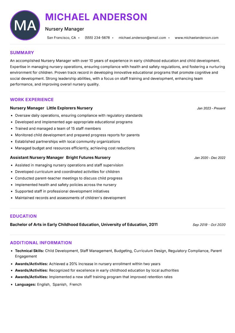 Nursery Manager Resume Preview Example