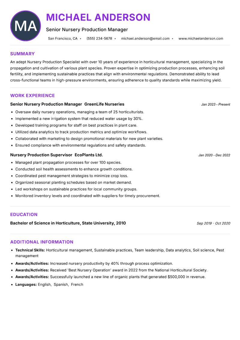 Nursery Production Specialist Resume Preview Example