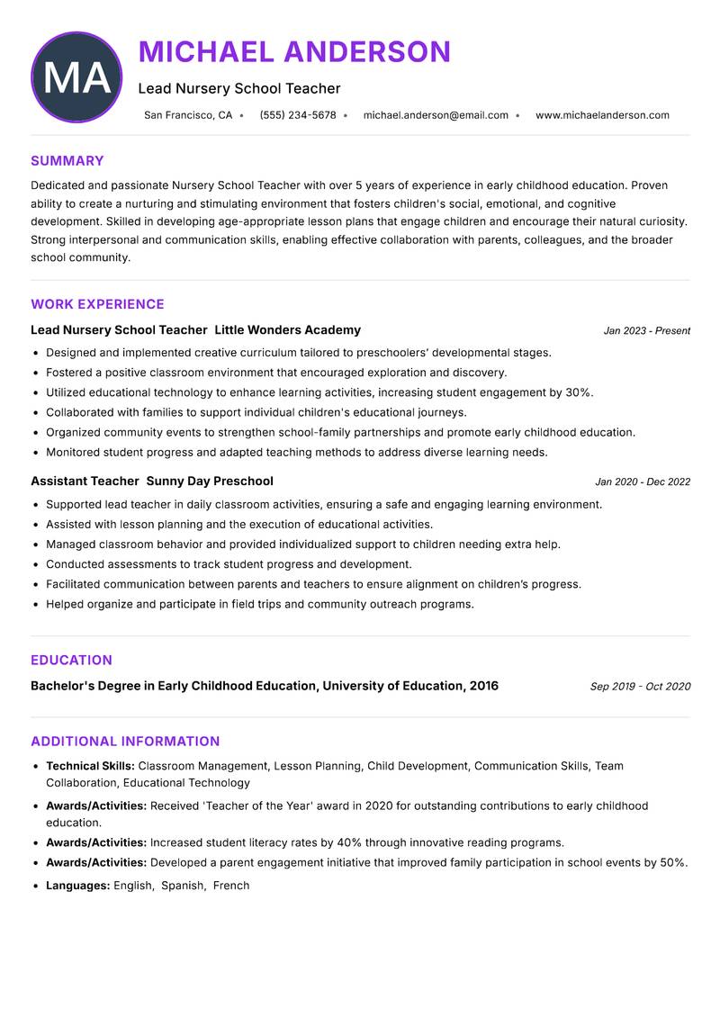 Nursery School Teacher Resume Preview Example