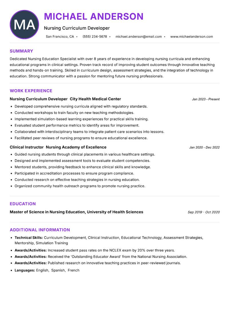 Nursing Education Specialist Resume Preview Example