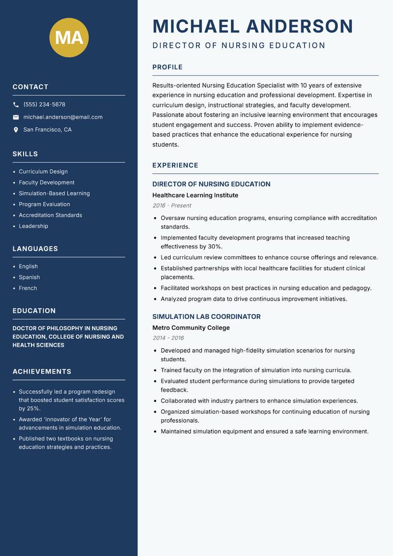 Nursing Education Specialist Resume Preview Example