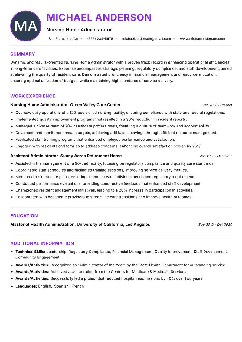 Nursing Home Administrator Resume Preview Example