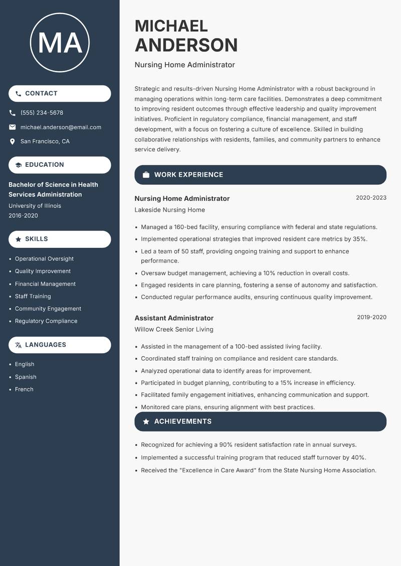 Nursing Home Administrator Resume Preview Example