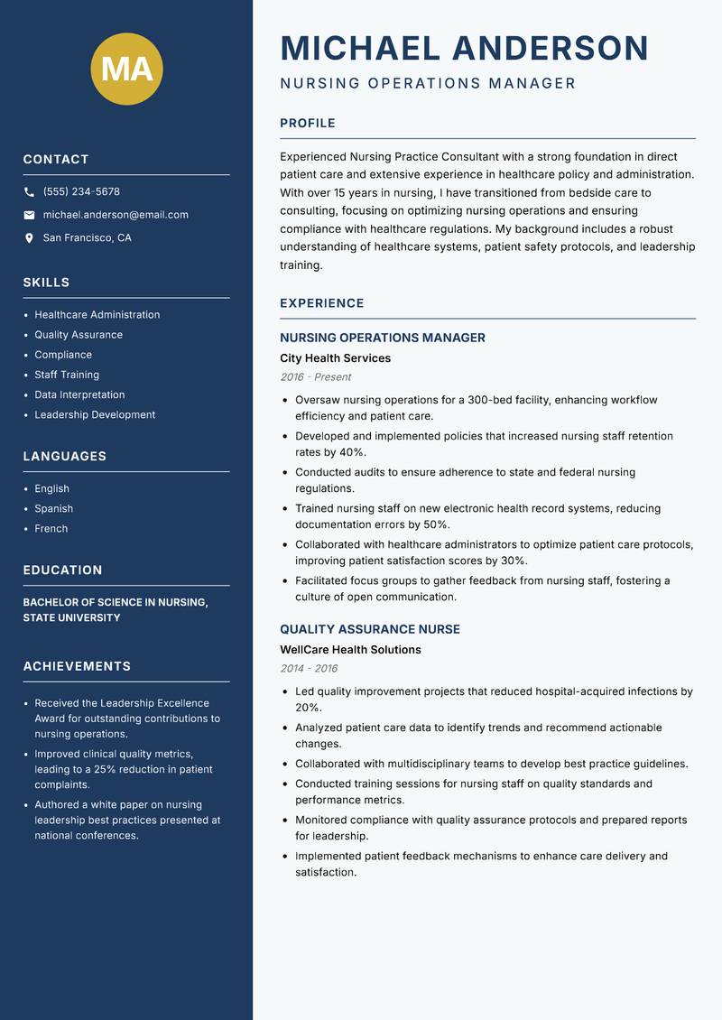 Nursing Practice Consultant Resume Preview Example