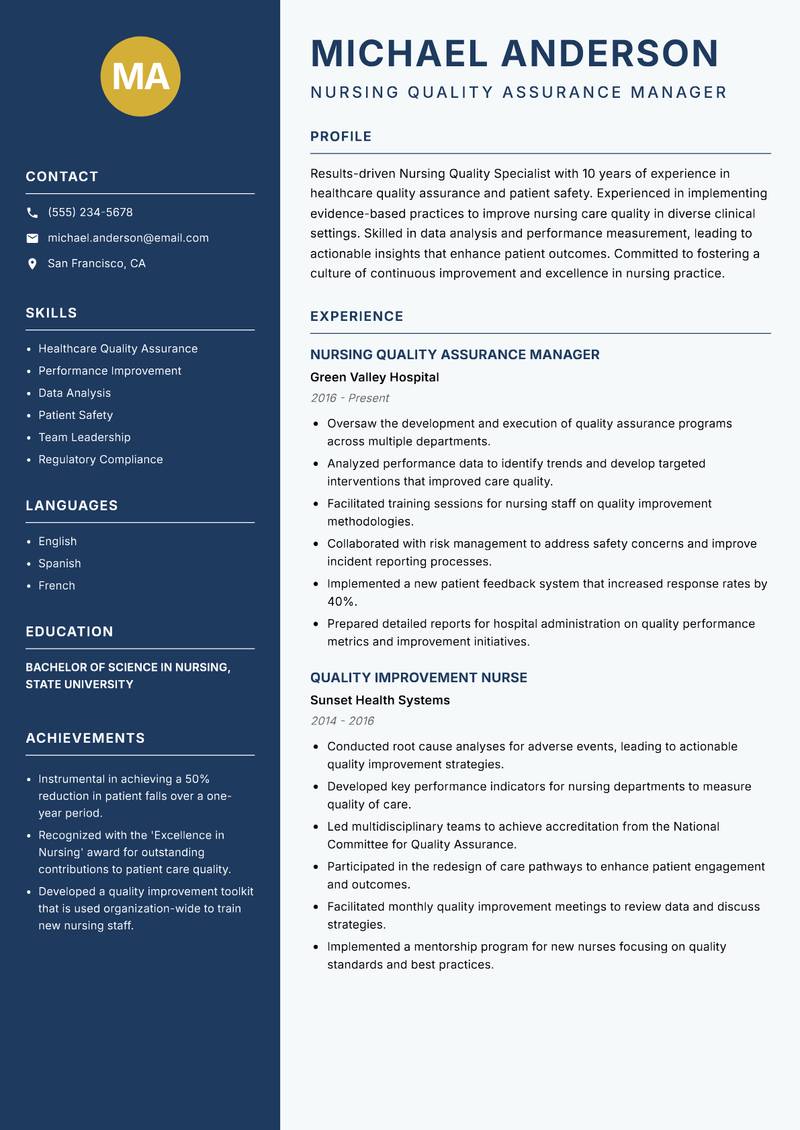 Nursing Quality Specialist Resume Preview Example