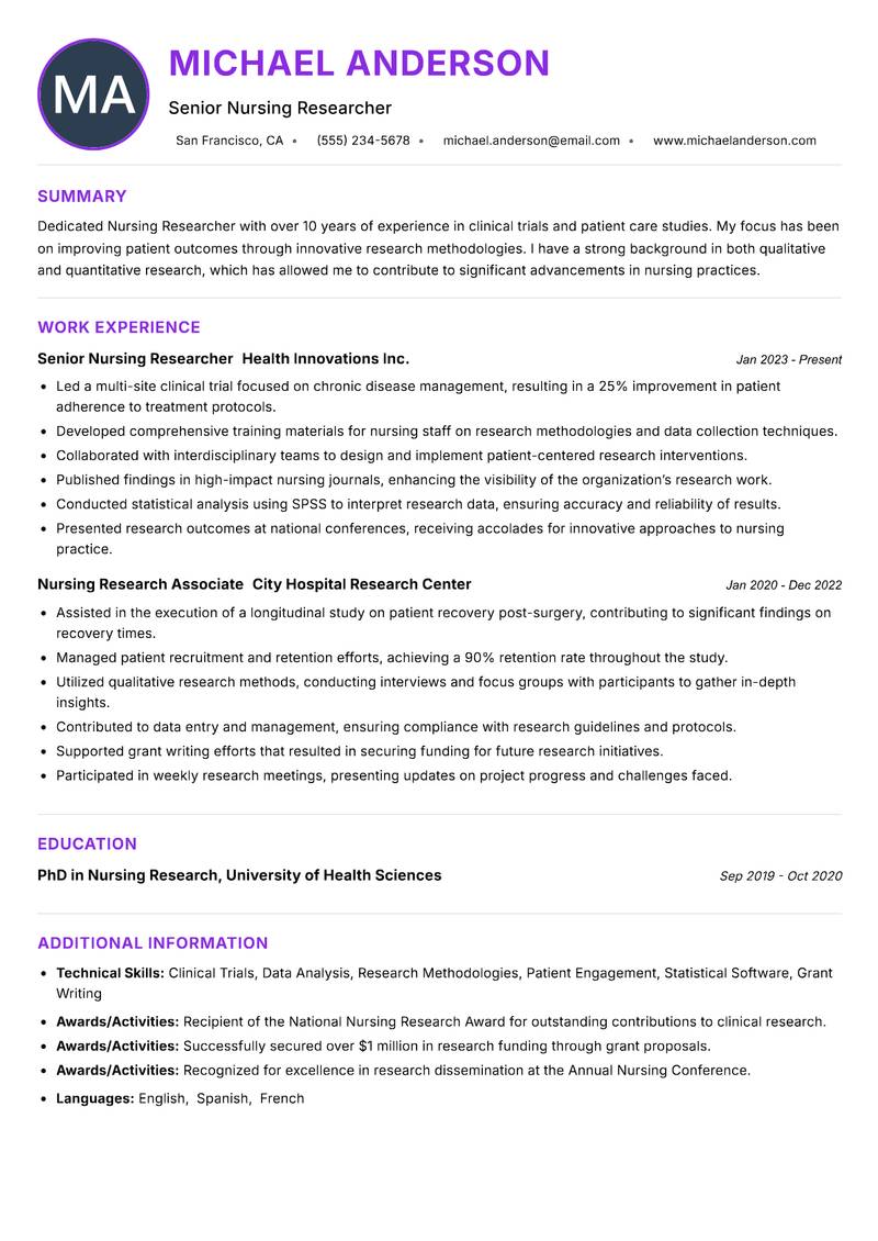 Nursing Researcher Resume Preview Example