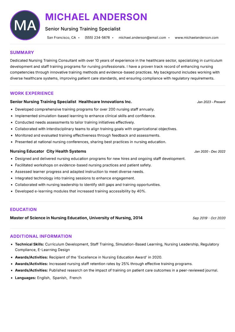 Nursing Training Consultant Resume Preview Example