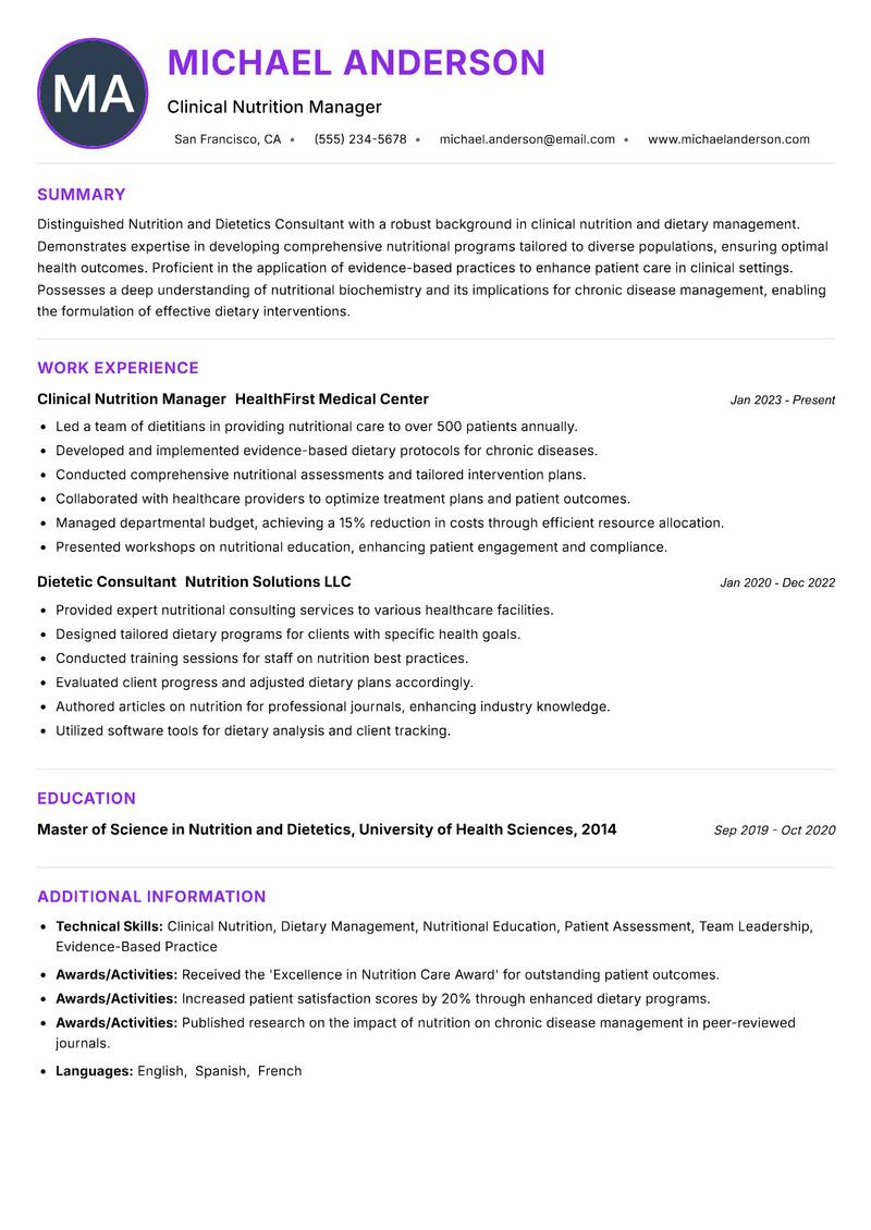 Nutrition and Dietetics Consultant Resume Preview Example