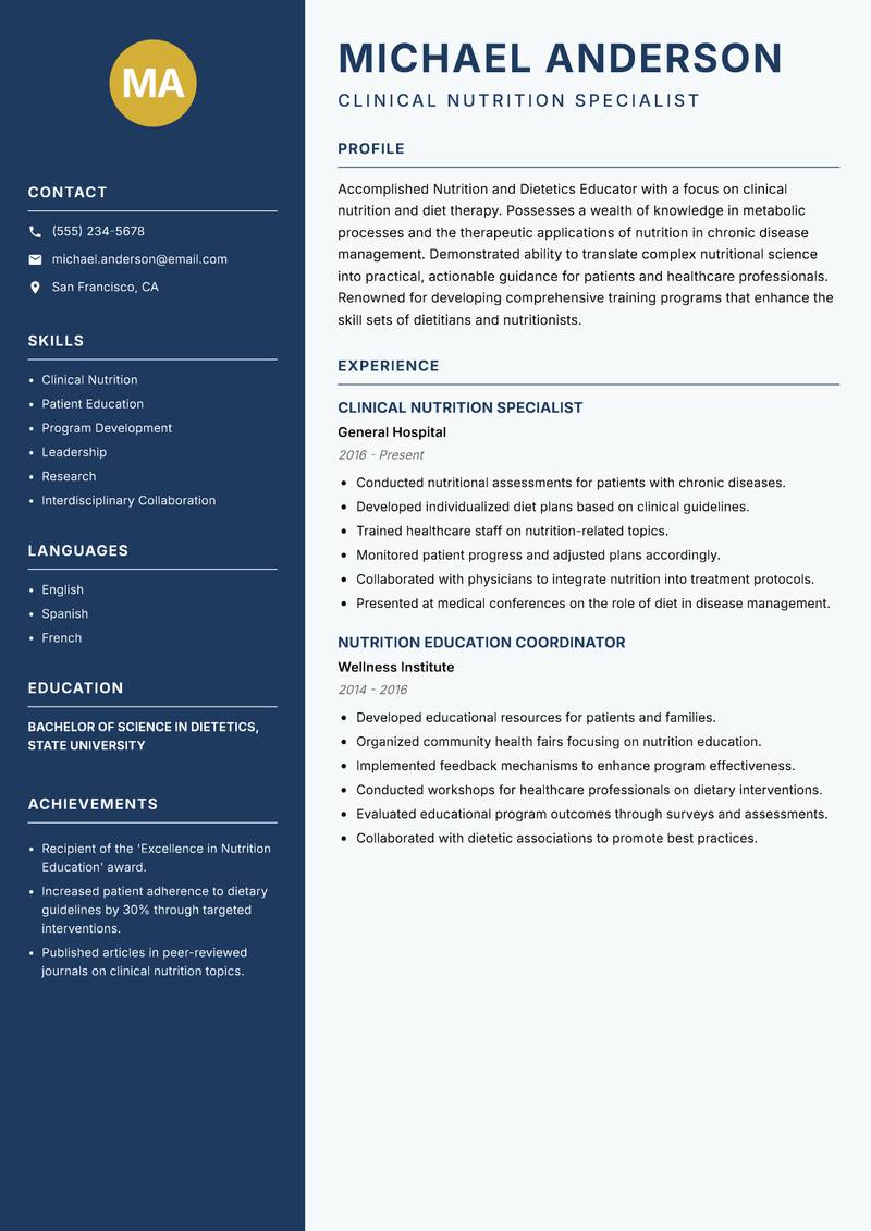 Nutrition and Dietetics Educator Resume Preview Example