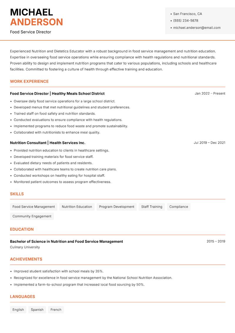 Nutrition and Dietetics Educator Resume Template