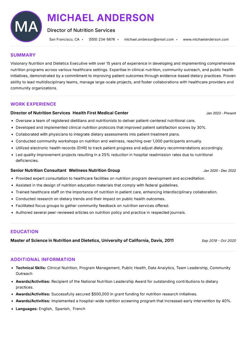 Nutrition and Dietetics Executive Resume Preview Example
