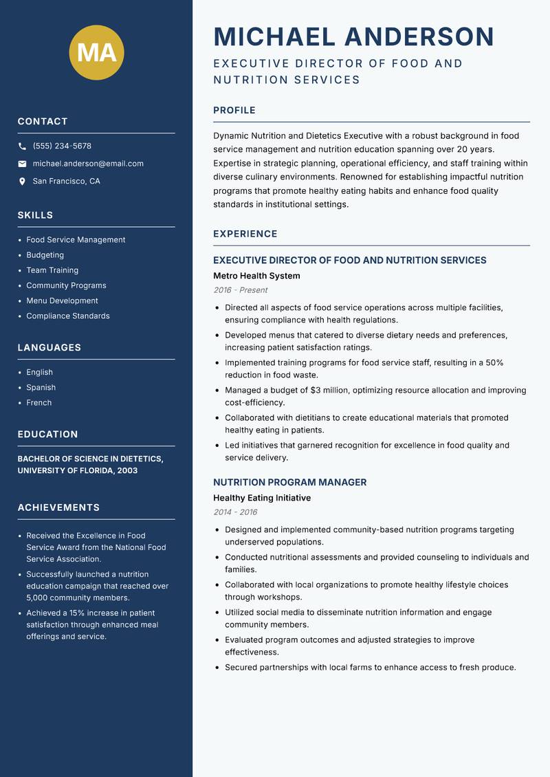 Nutrition and Dietetics Executive Resume Preview Example