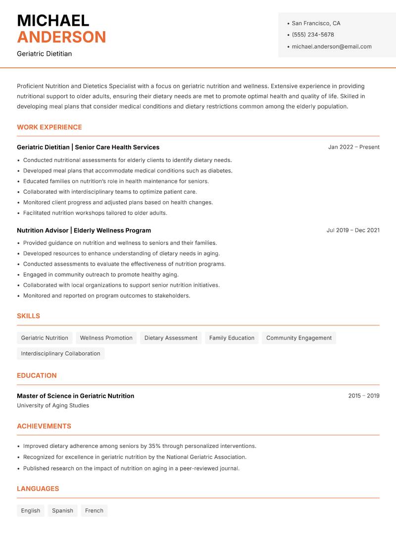 Nutrition and Dietetics Specialist Resume Template