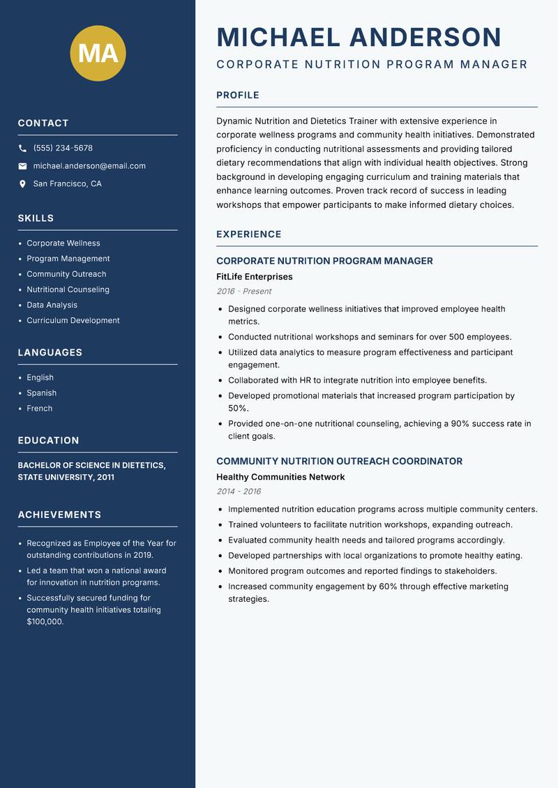 Nutrition and Dietetics Trainer Resume Preview Example