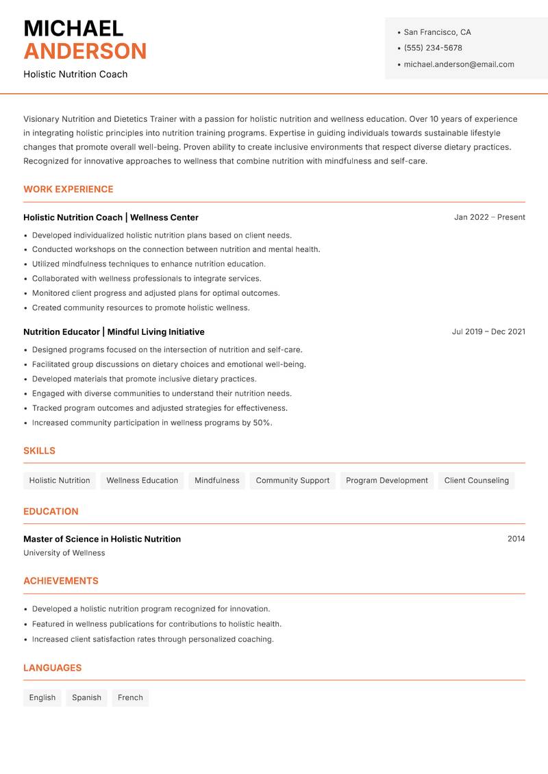Nutrition and Dietetics Trainer Resume Template