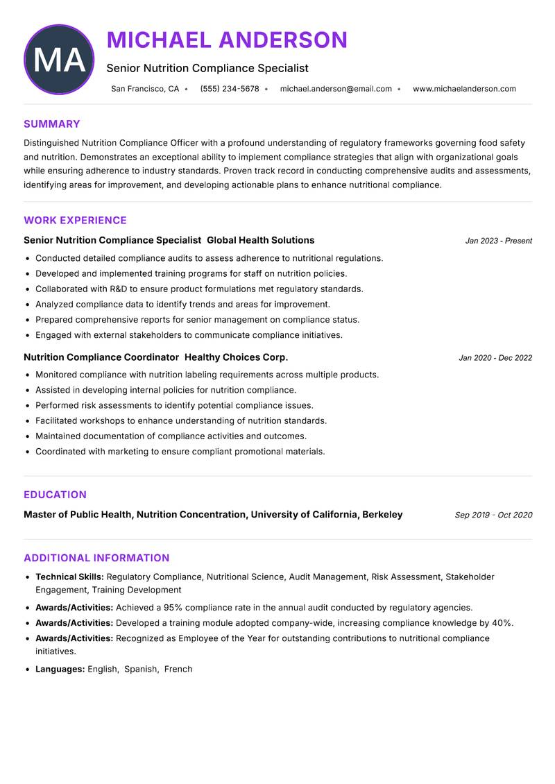Nutrition Compliance Officer Resume Preview Example