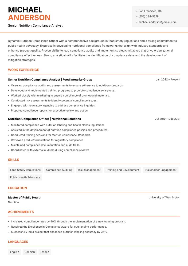 Nutrition Compliance Officer Resume Template