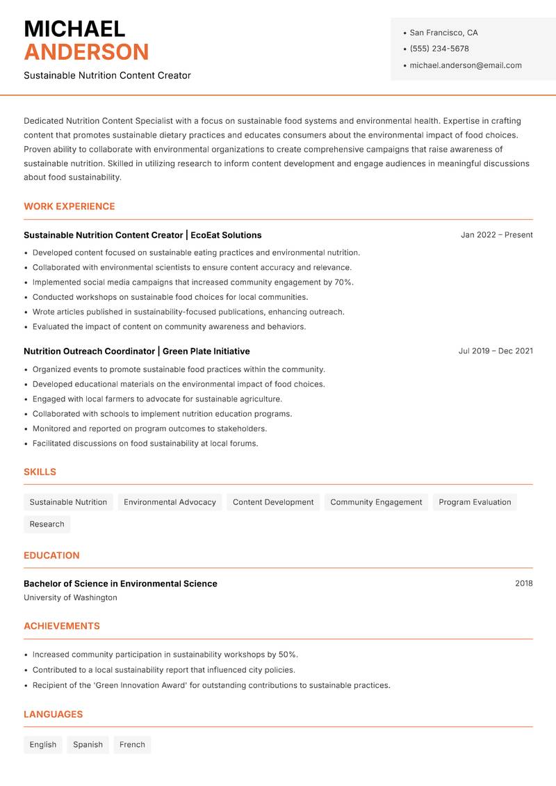 Nutrition Content Specialist Resume Template